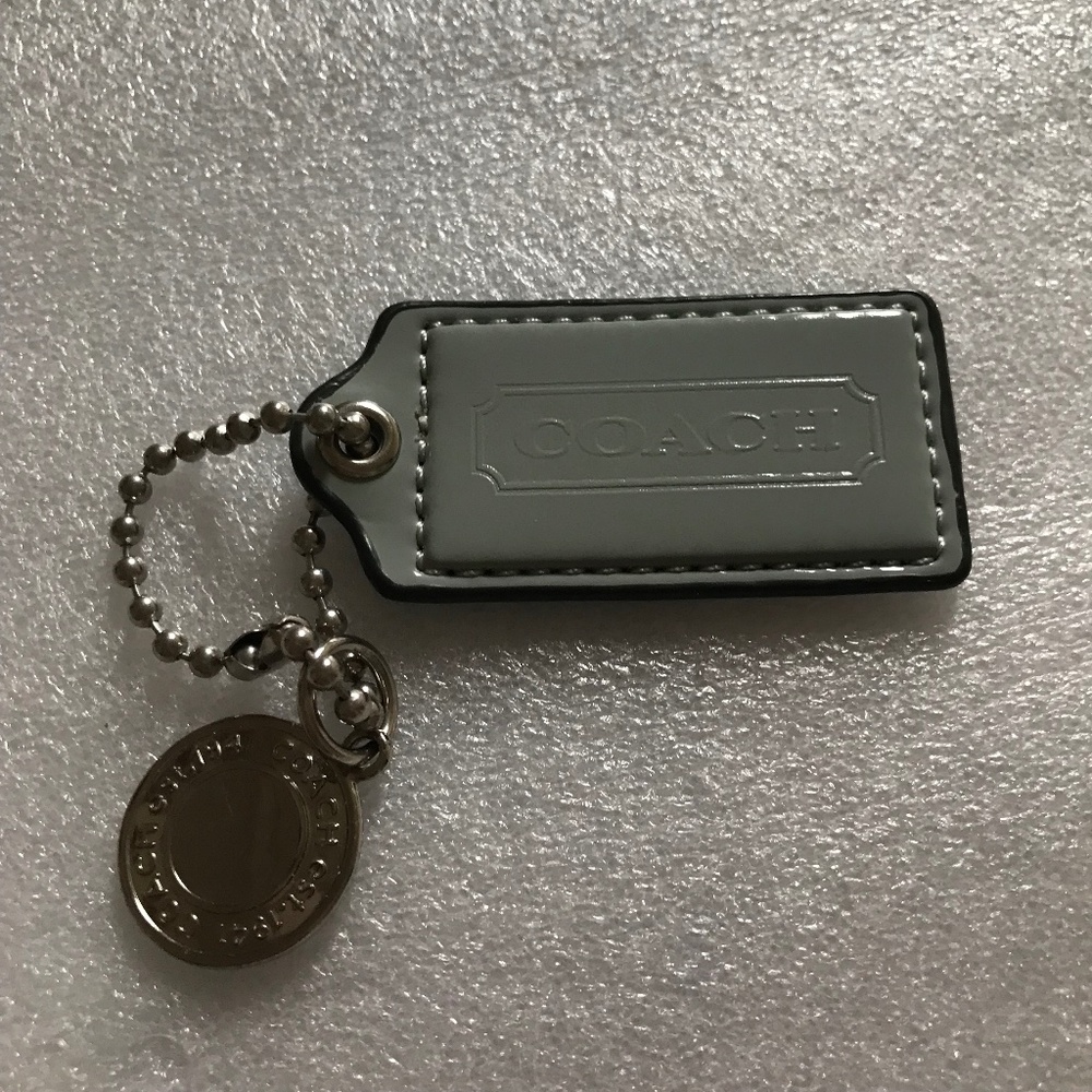 Coach Light Gray Leather Bag Tag/Hang Tag and Round Metal Bag Charm